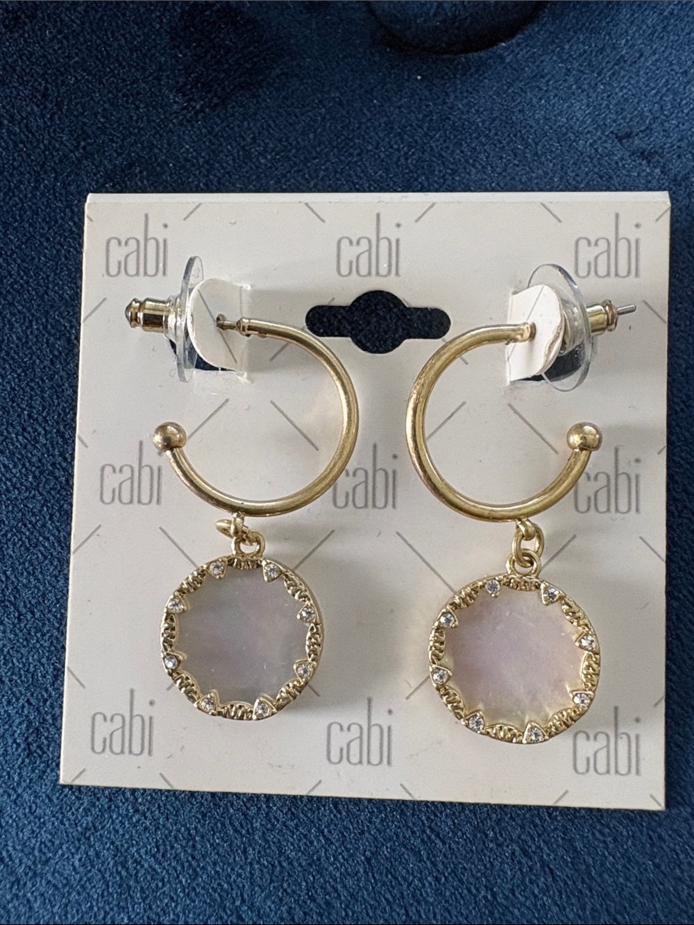 CAbi Gold Hoop Earrings with Iridescent Mother-of-Pearl Discs